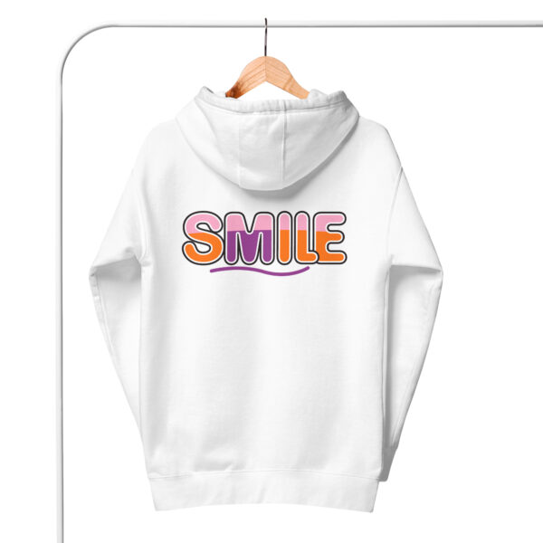 Unisex white hoodie "SMILE" text printed on back, digital print